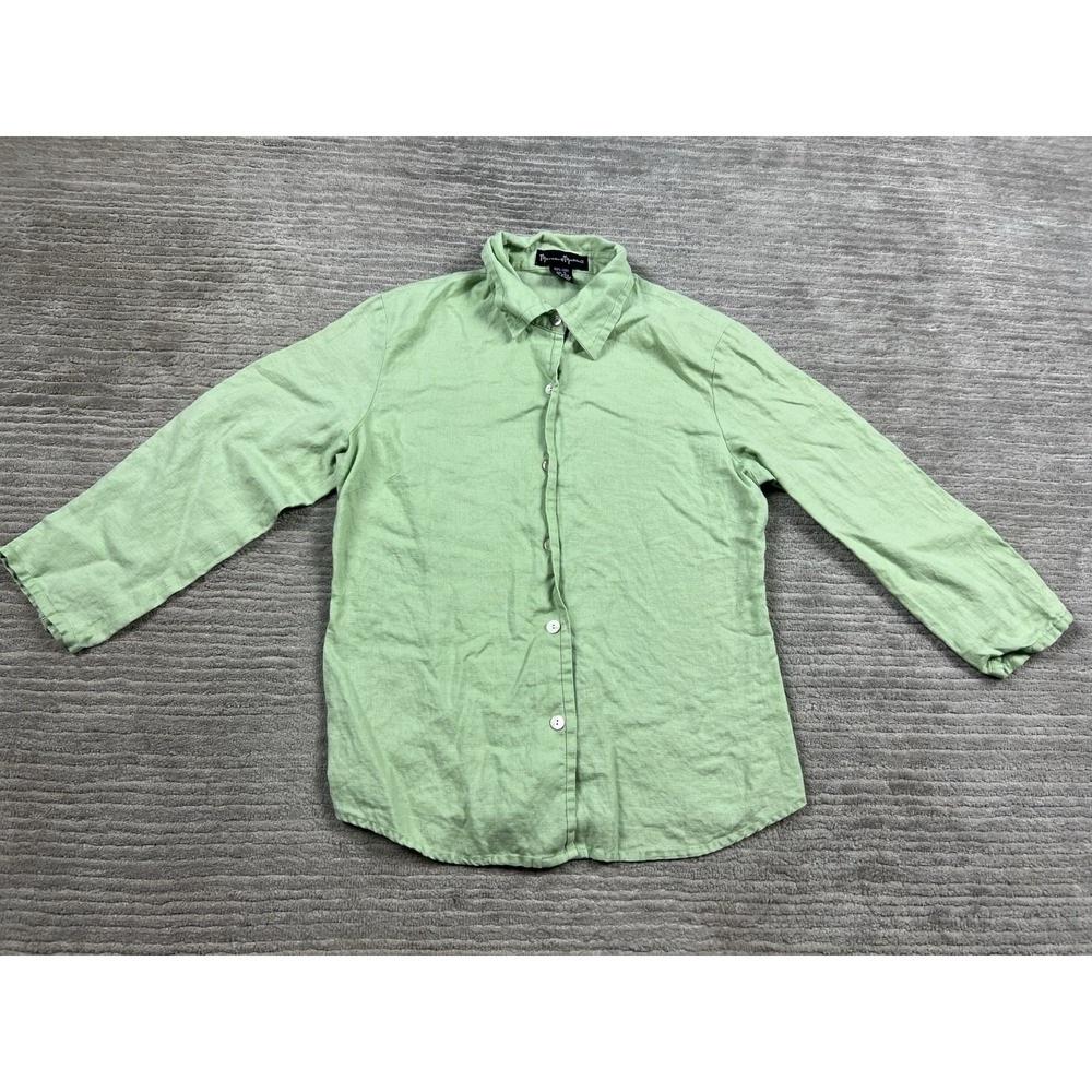 Mercer & Madison Top Womens Small Green Button Up 3/4 Sleeve 100% Linen